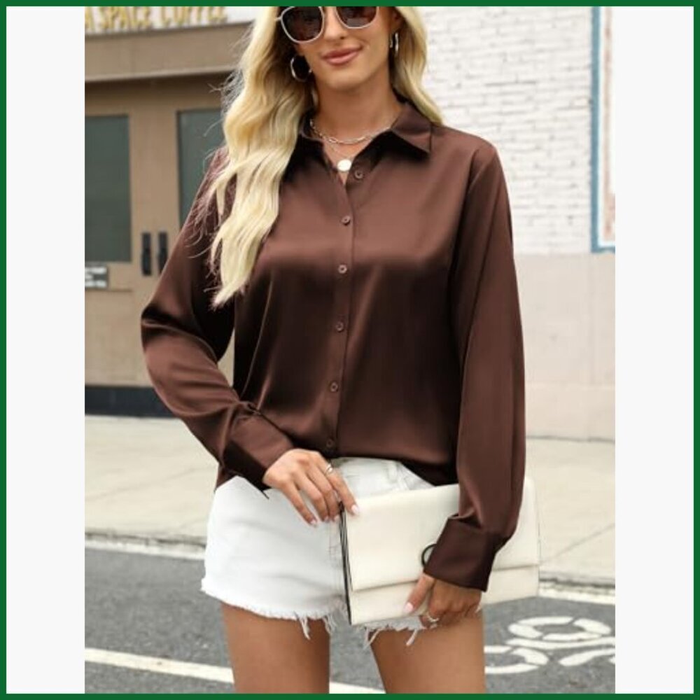 Satin Button Down Shirt Long Sleeve Business Casual Blouse - Picture 2 of 6